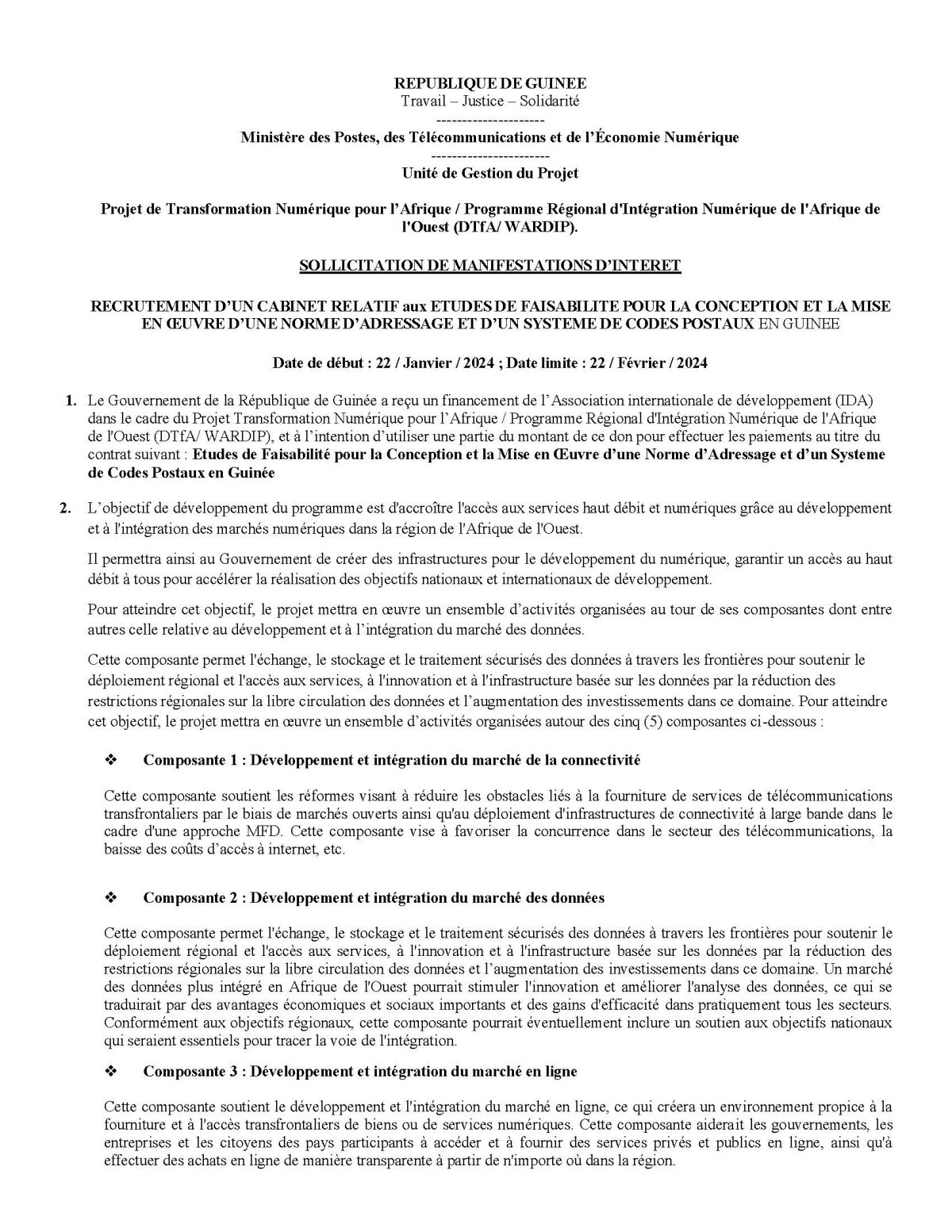 RECRUTEMENT D’UN CABINET RELATIF aux ETUDES DE FAISABILITE POUR LA CONCEPTION ET LA MISE EN OEUVRE D’UNE NORME D’ADRESSAGE ET D’UN SYSTEME DE CODES POSTAUX EN GUINEE